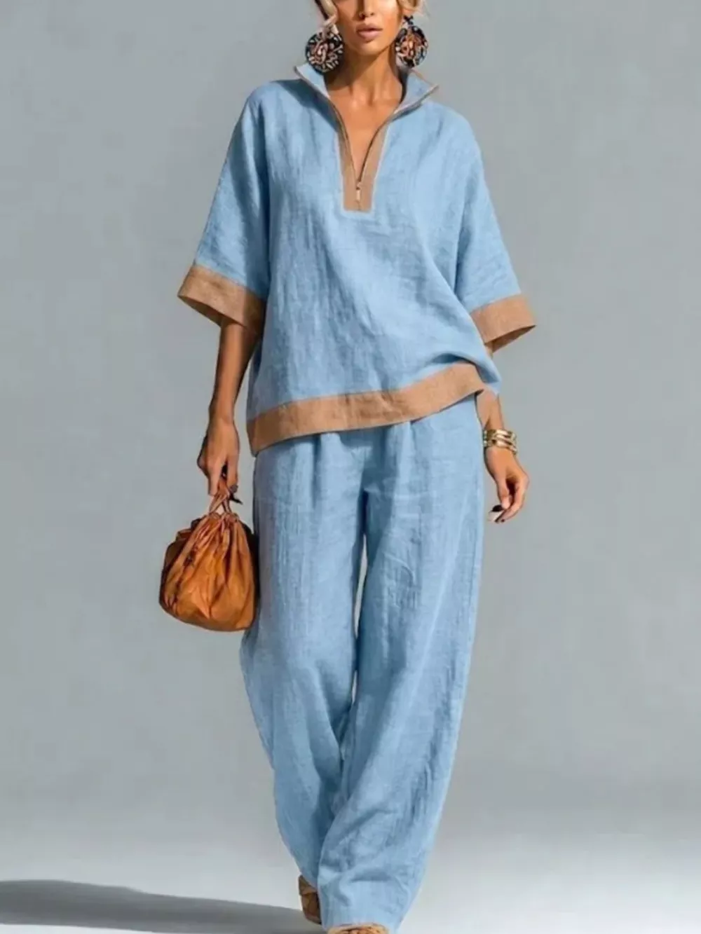 Full Size Contrast Trim Top and Wide Leg Pants Set Plus Size, image 7