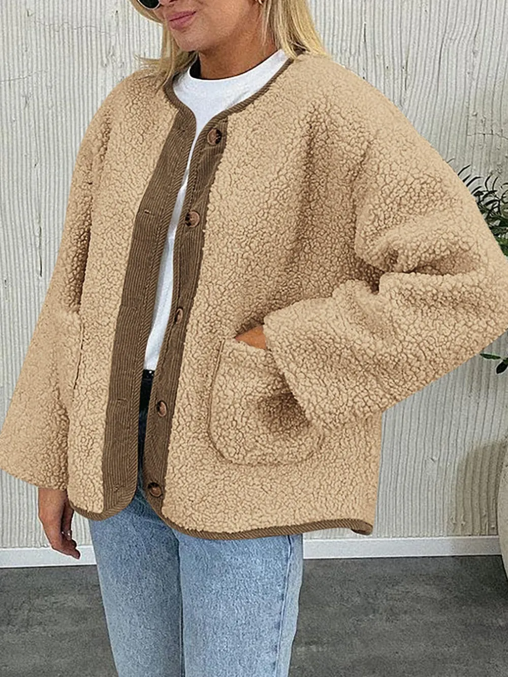 Contrast Button Up Sherpa Jacket with Pockets, image 11