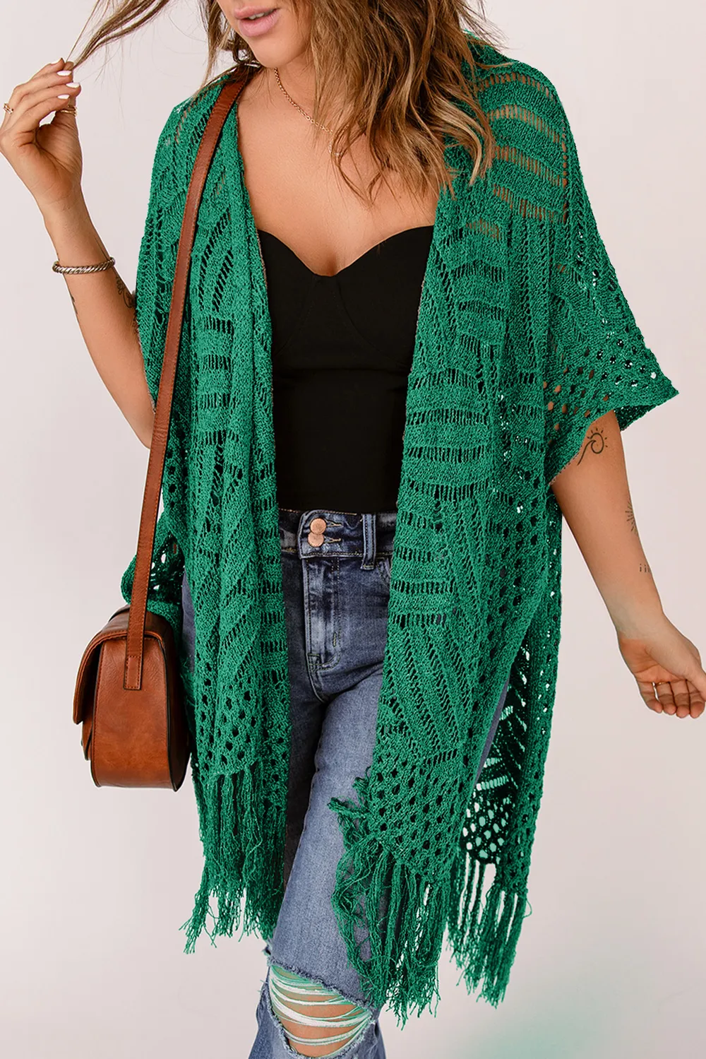 Openwork Open Front Cardigan with Fringes, image 30