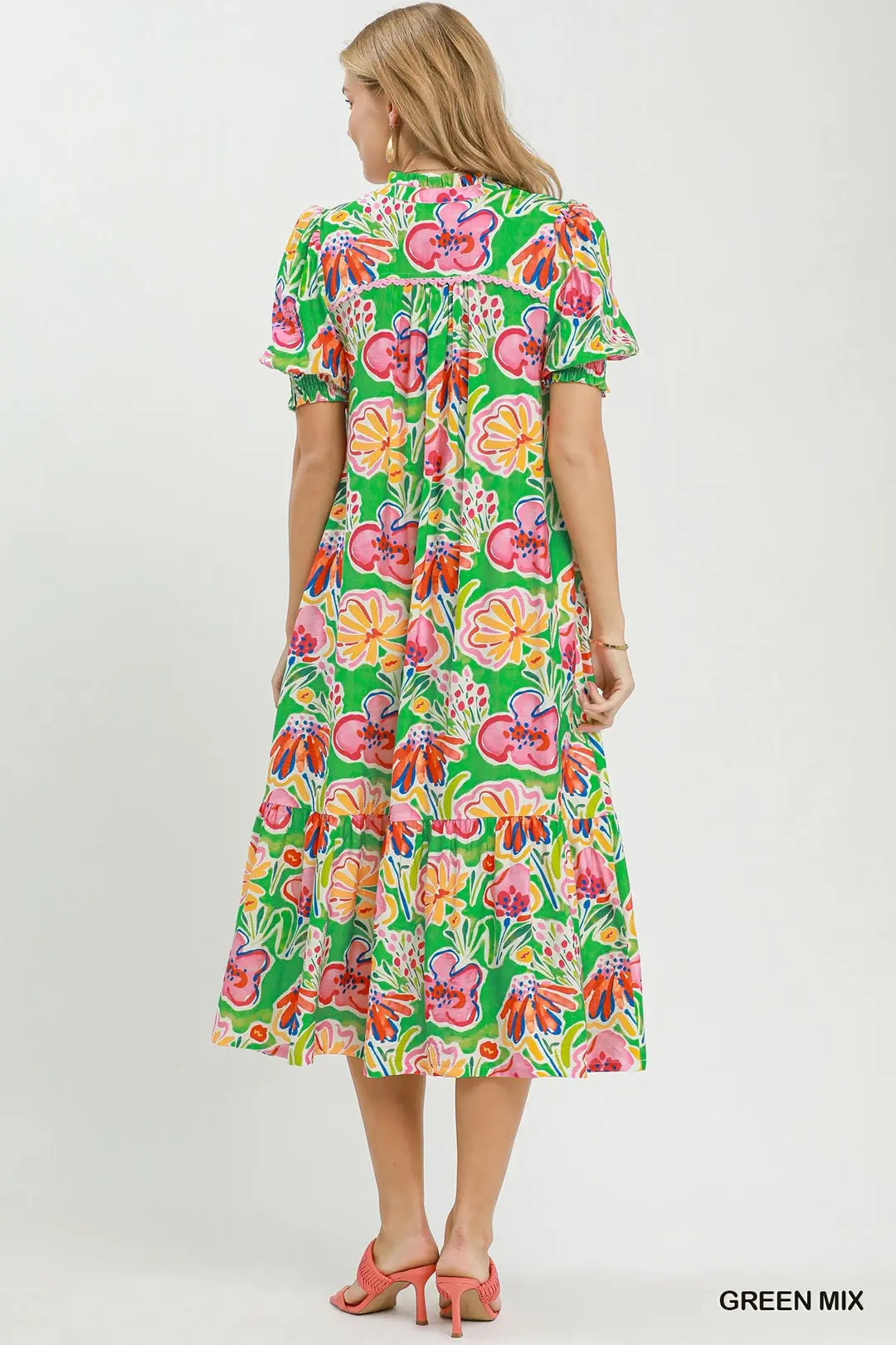 Floral Print Puff Sleeve Tiered Midi Dress, image 4