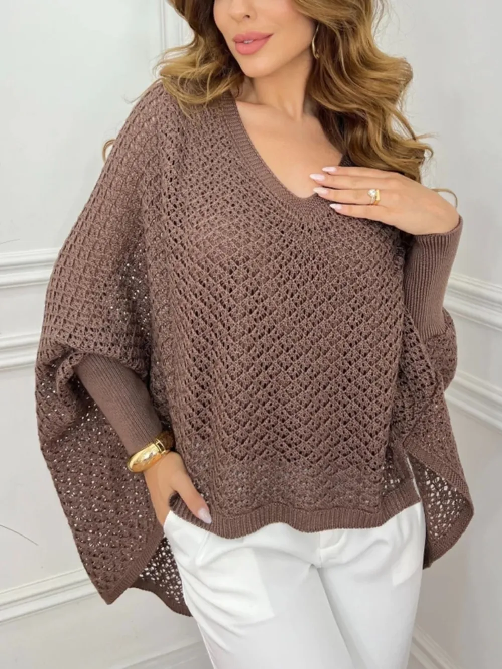 Crochet V-Neck Batwing Sleeves Oversized Sweater, image 5