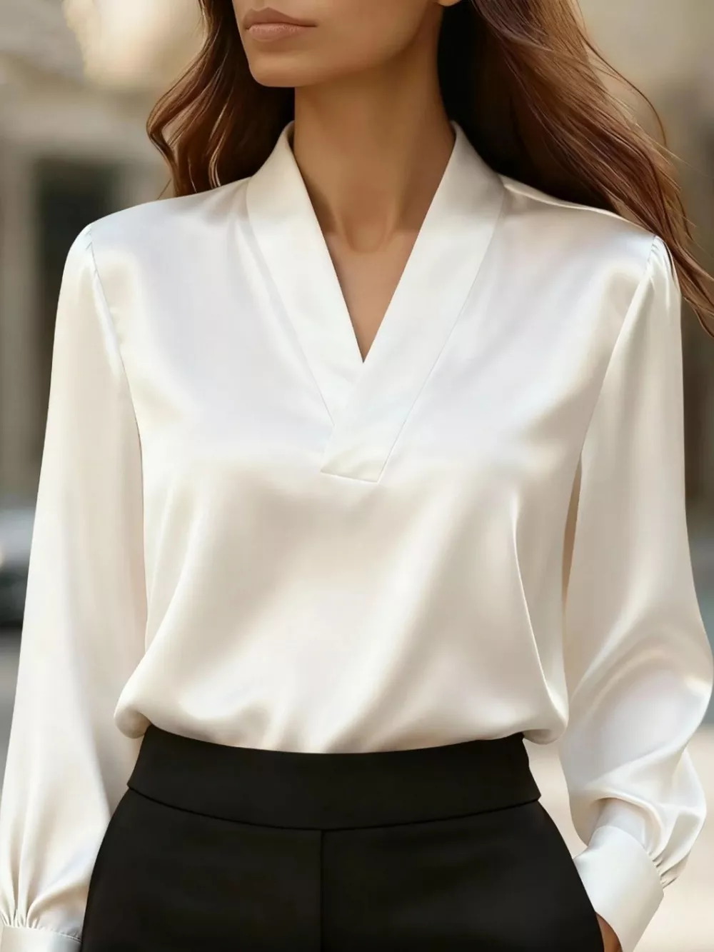 Satin V-Neck Long Sleeve Blouse, image 8