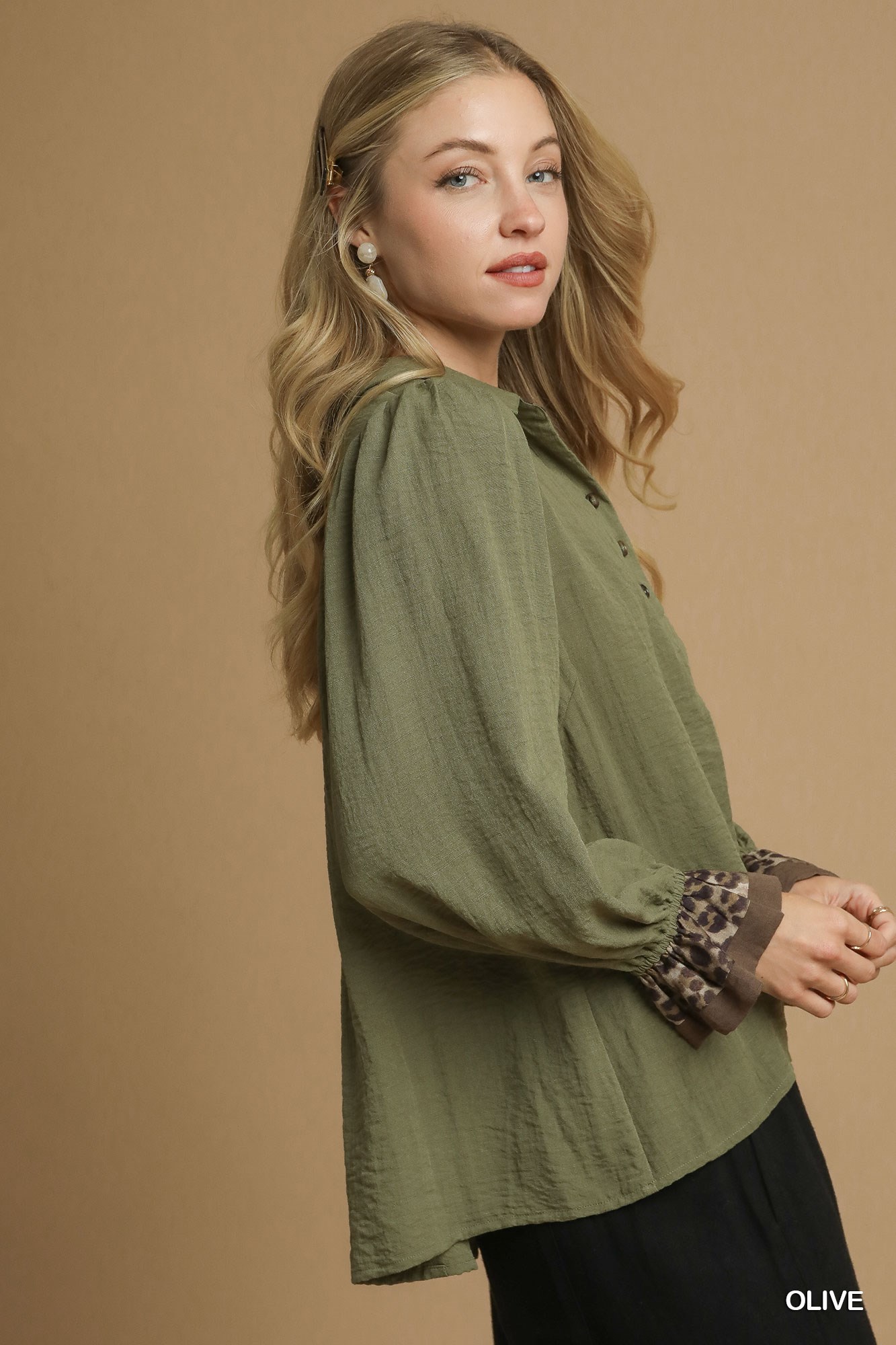 Half Button Blouse with Leopard Print Trim, image 2