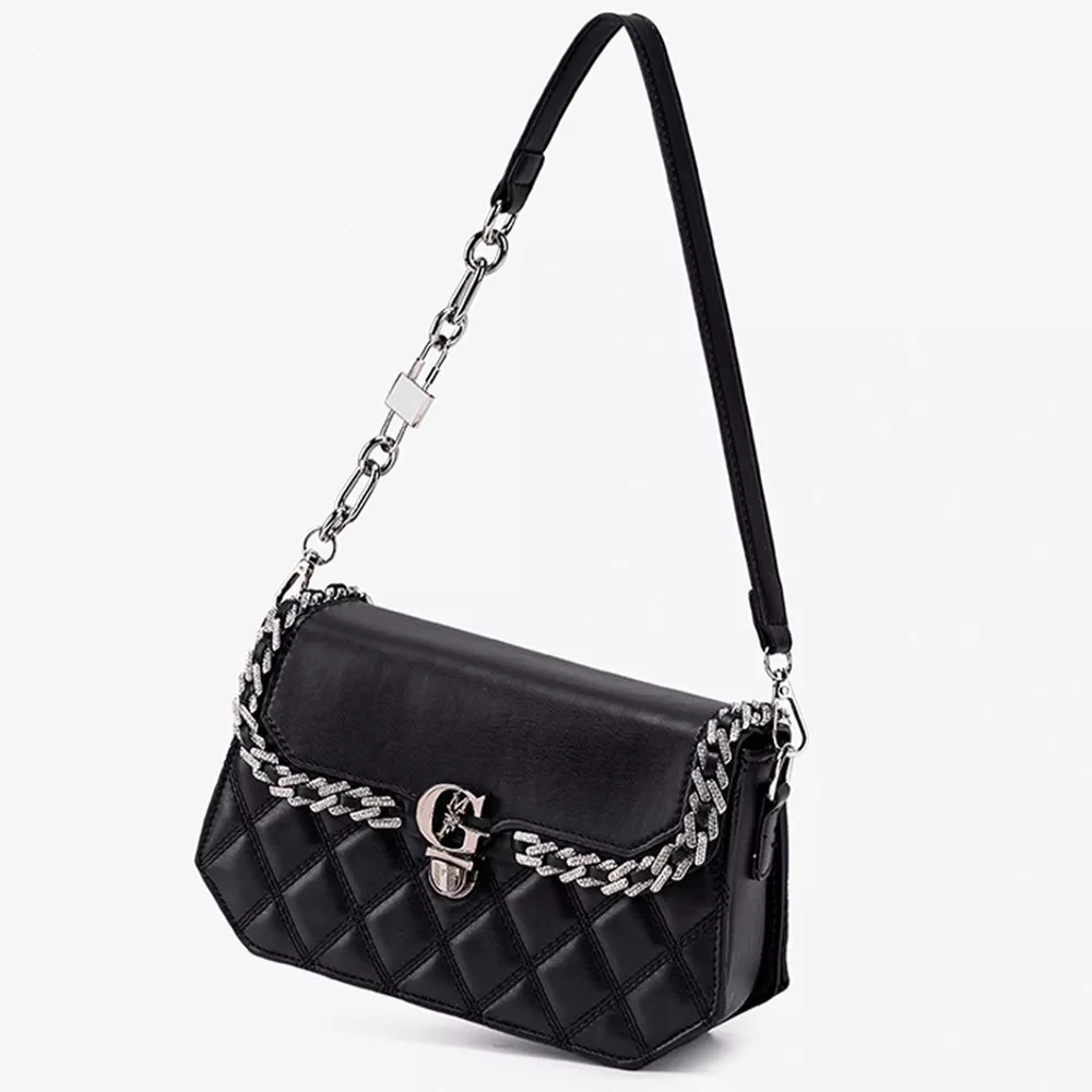 Quilted PU Leather Crossbody Bag with Rhinestone Decor, image 2