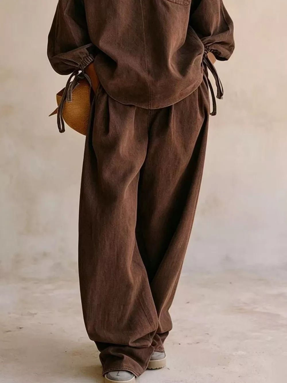 Relaxed Fit Drawstring Sleeve Detail Top and Pants Denim Set, image 12