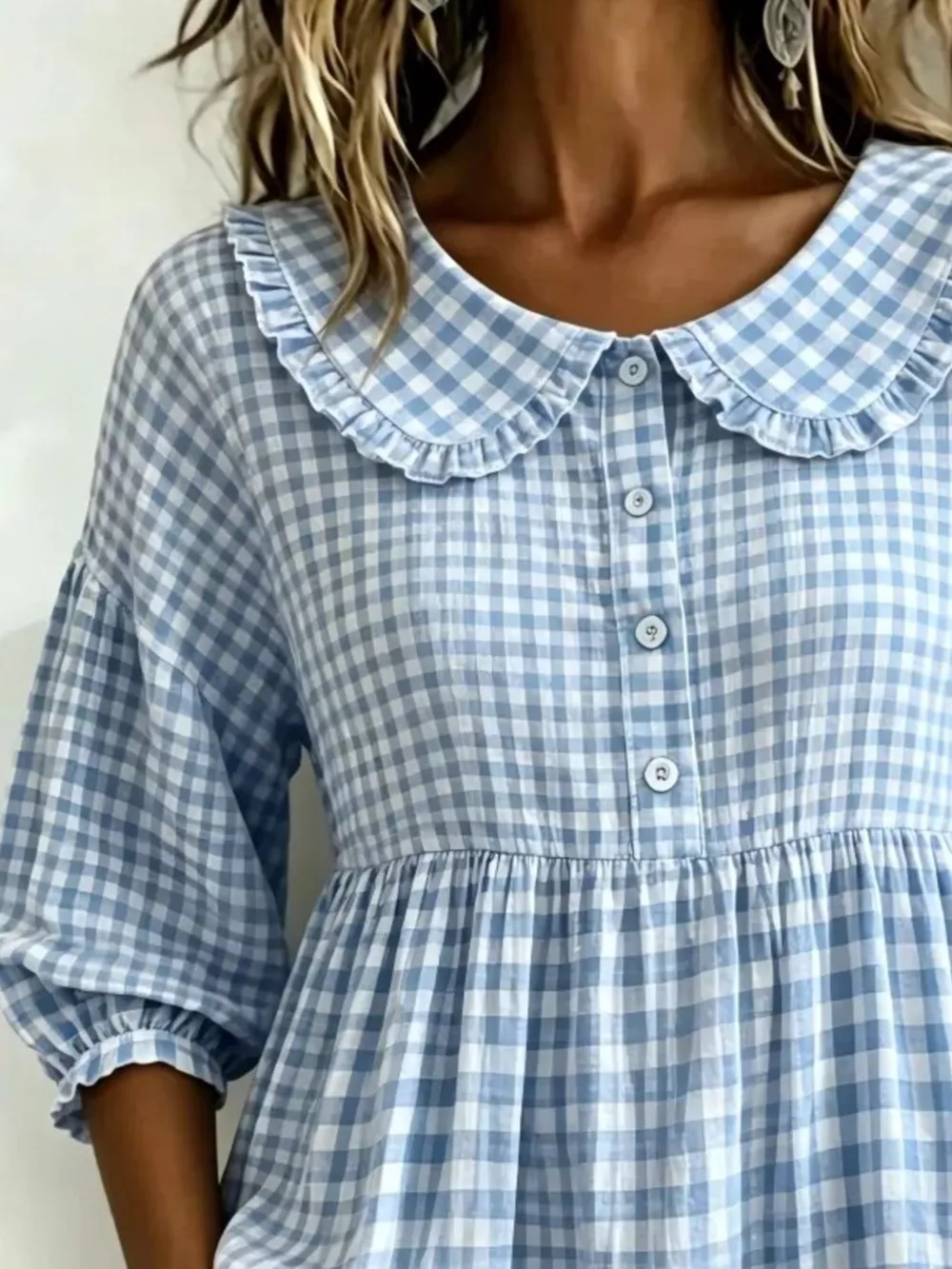Full Size Gingham Peter Pan Collar Blouse Plus Size, image 2