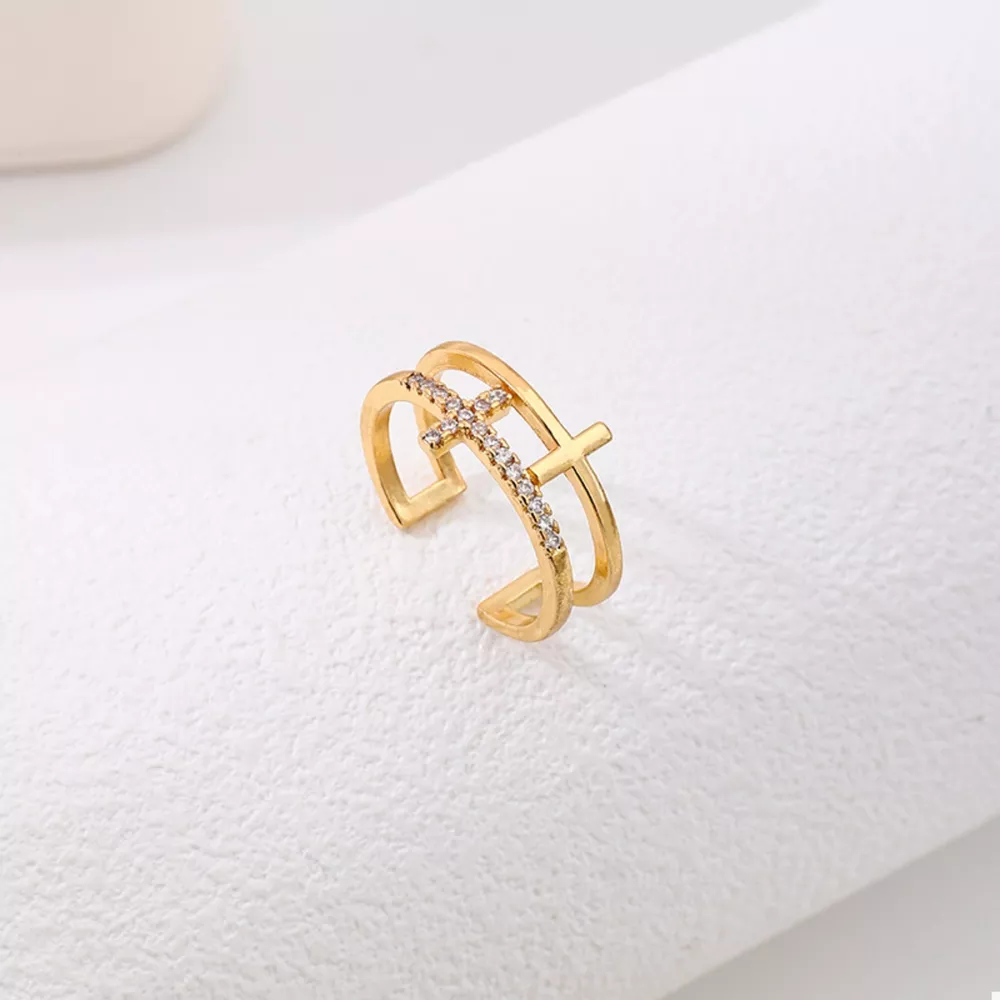 18K Gold-Plated Rhinestone Cross Open Ring, image 6