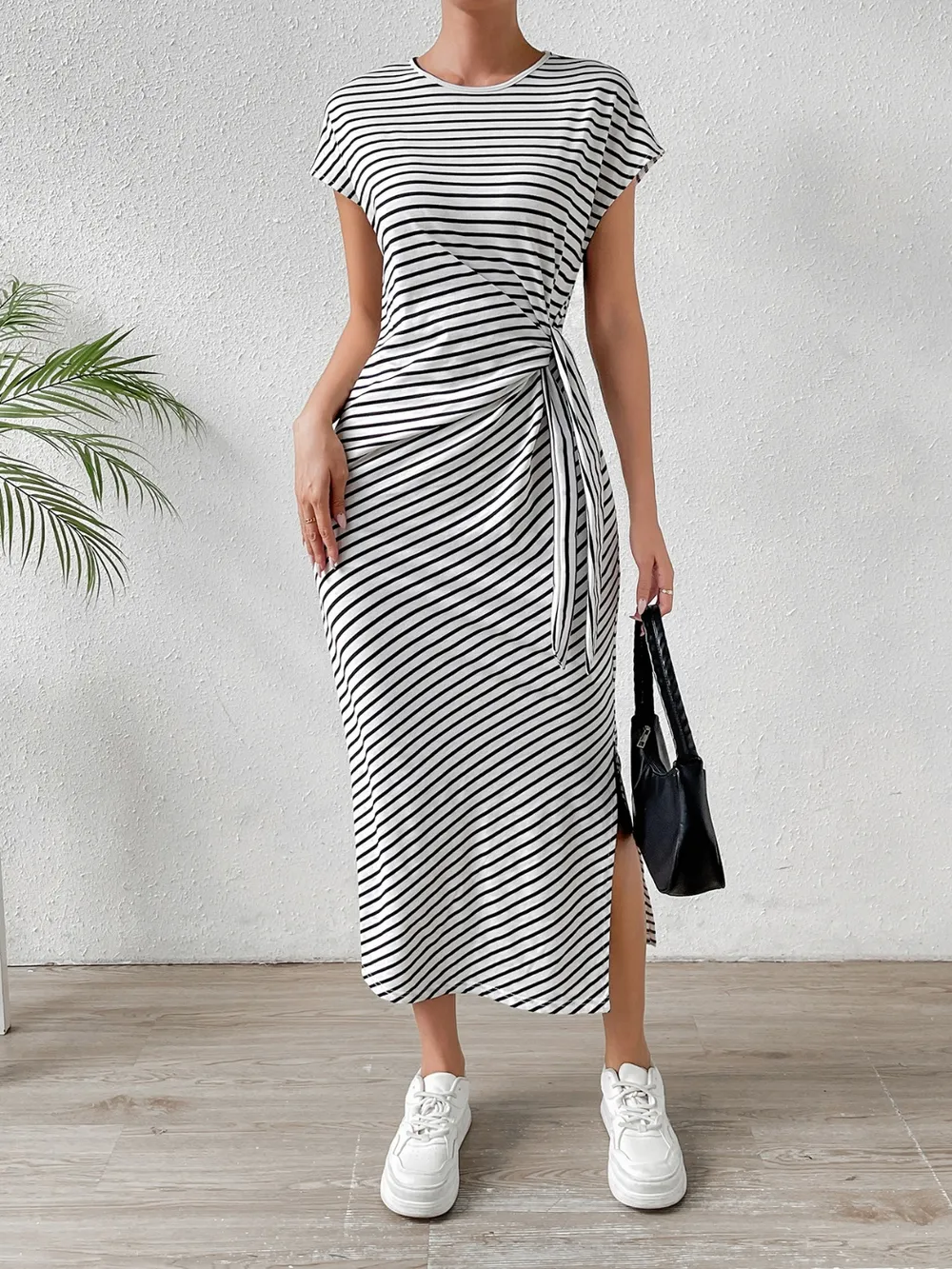 Tied Striped Round Neck Short Sleeve Tee Dress, image 27