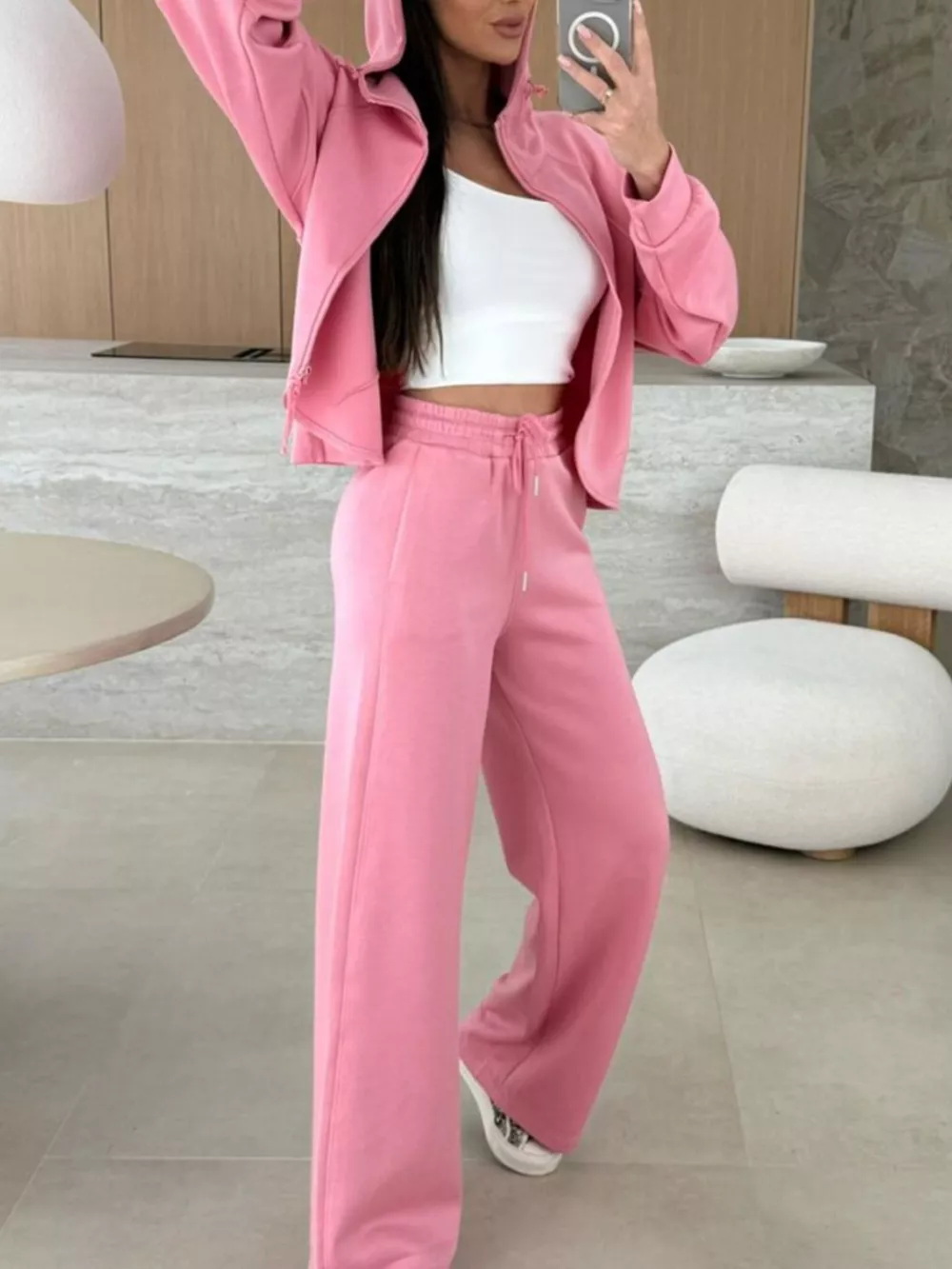 Solid Color Zip Up Hoodie Drawstring Loose Pants Set, image 8