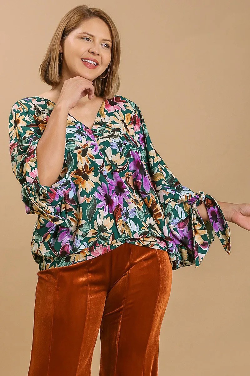 Full Size Floral V-Neck Tie Sleeve Blouse Plus Size, image 4