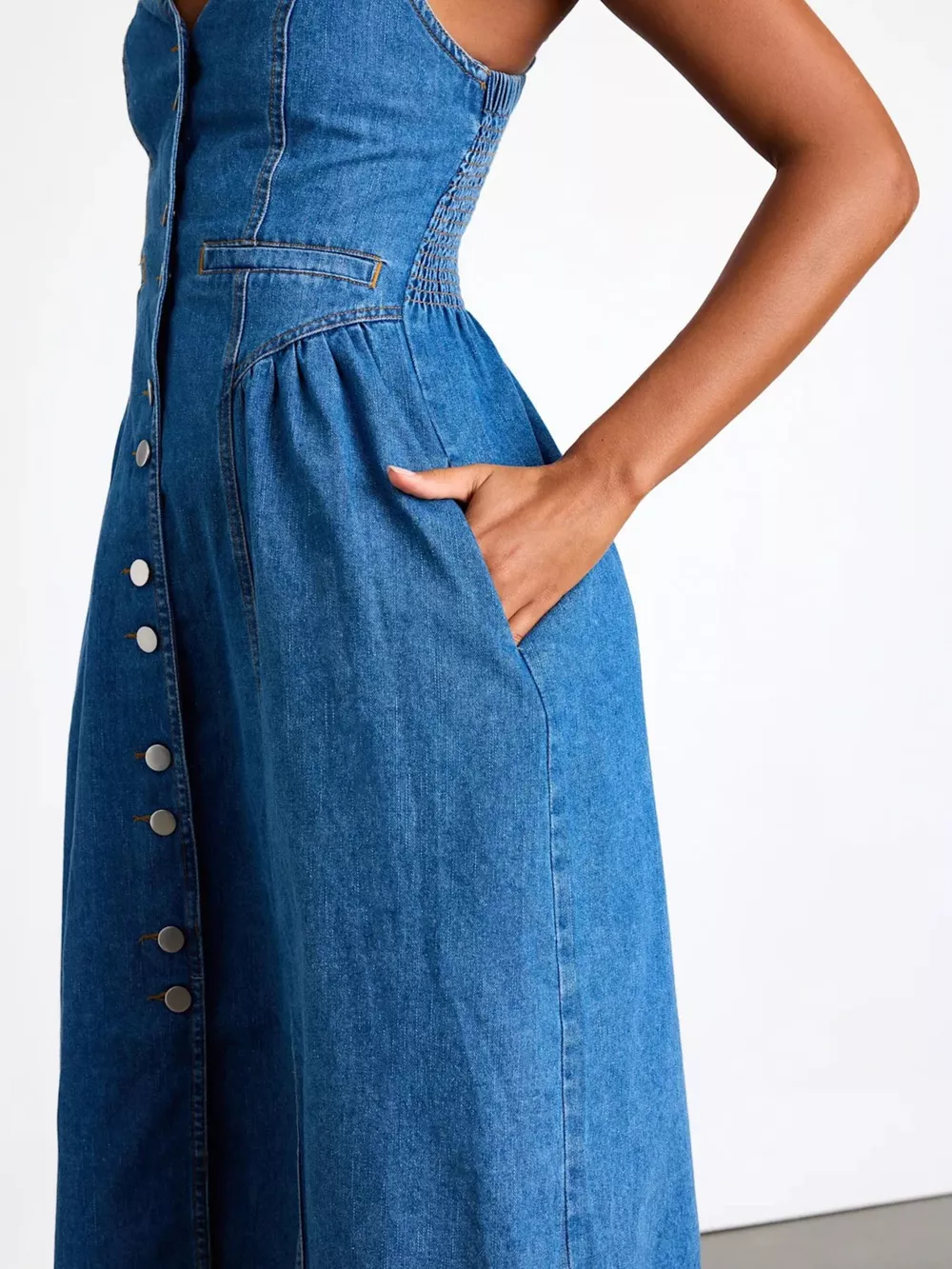 Button-Front Midi Denim Dress, image 5