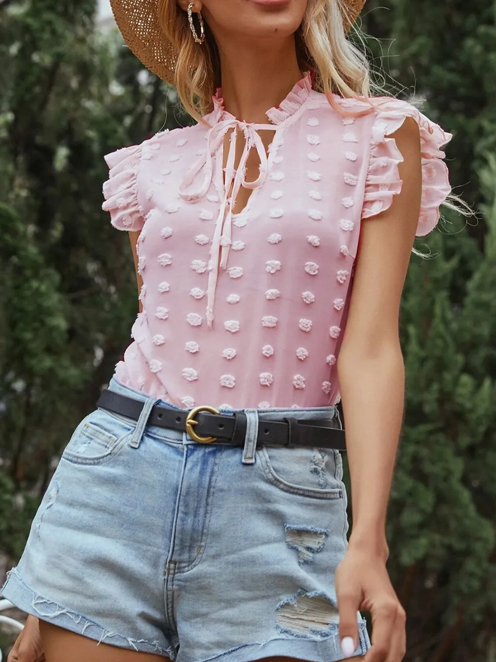 Frill Tie Neck Cap Sleeve Blouse, image 5