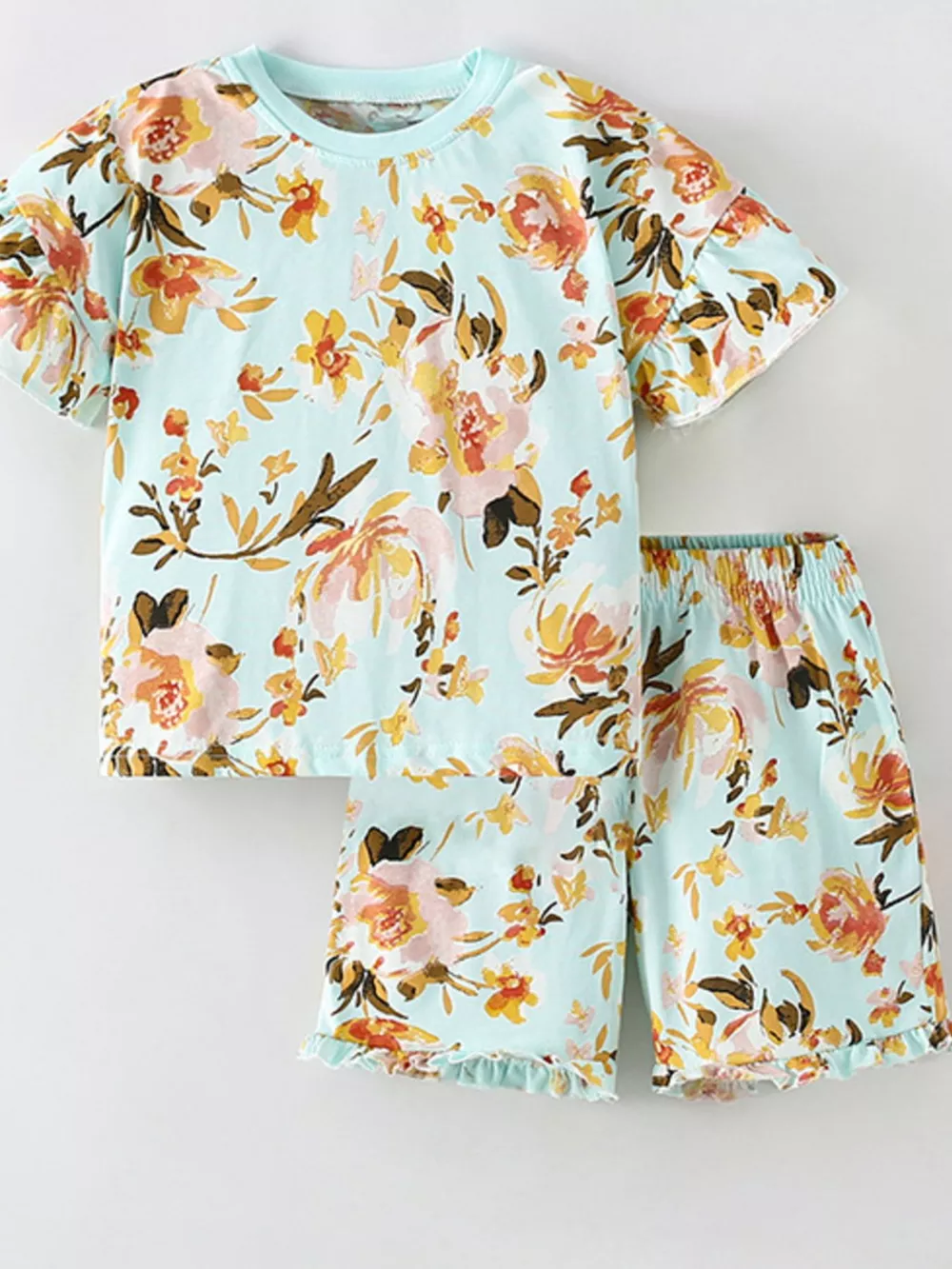 Children's Floral Print Round Neck Top and Shorts Set