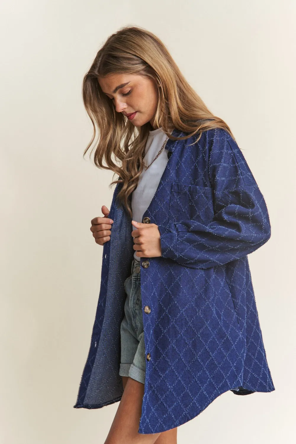 Rhombus Stitched Button Up Denim Shacket, image 5