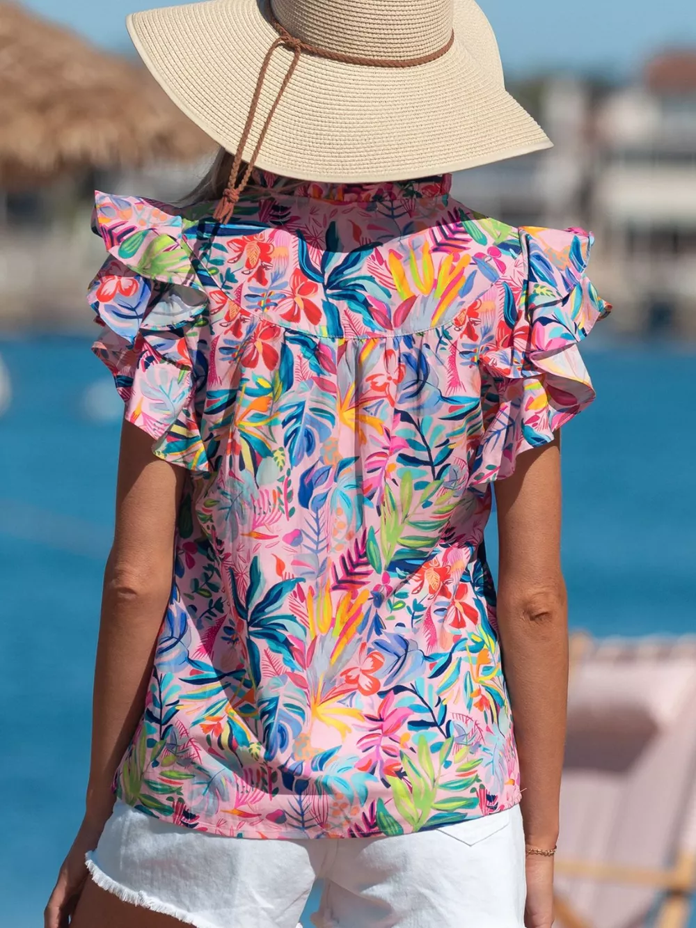 Tropical Floral Print Frilly Notched Neck Ruffled Short Sleeve Blouse, image 9