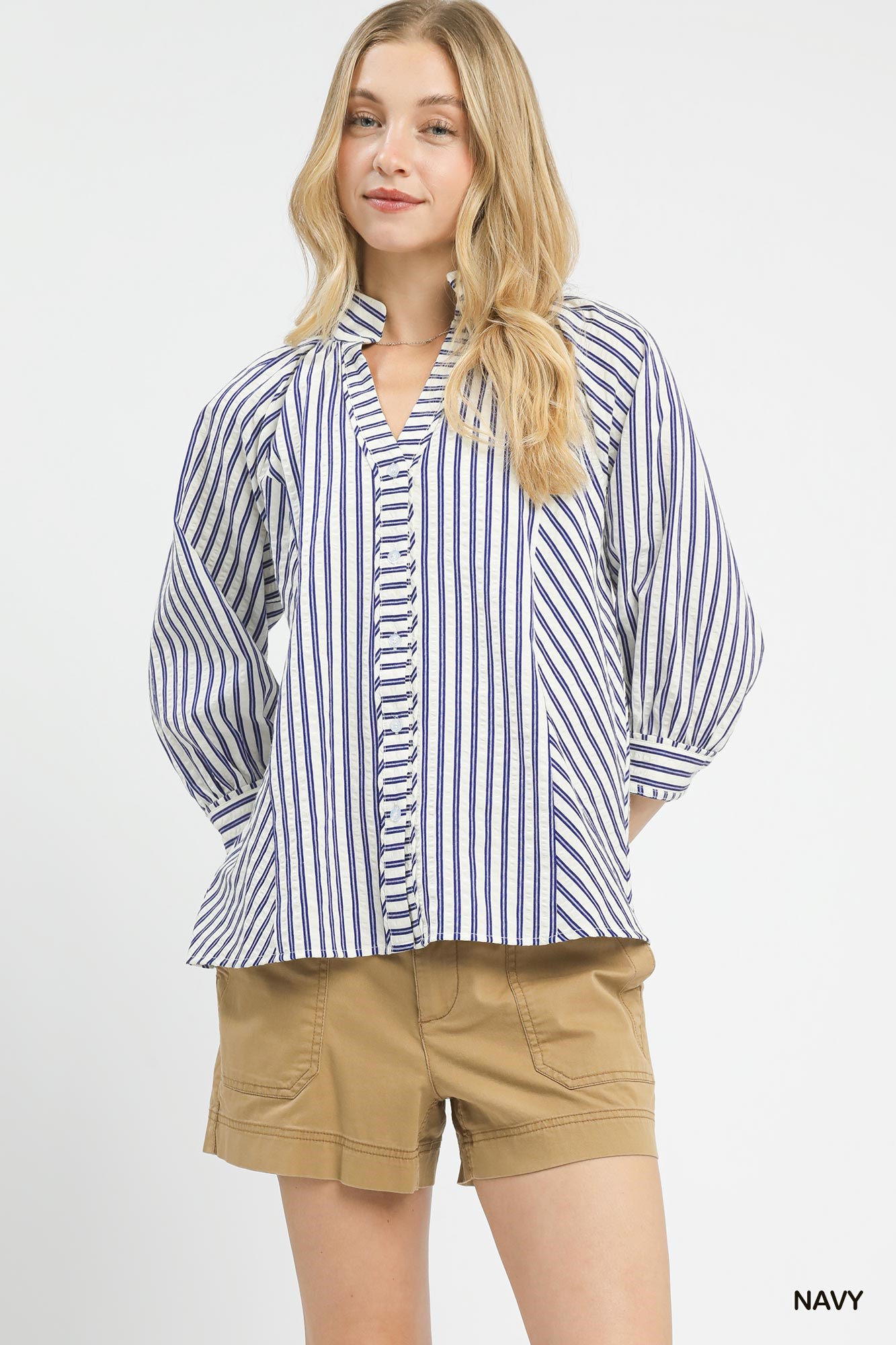 Striped V-Neck Button Down Top
