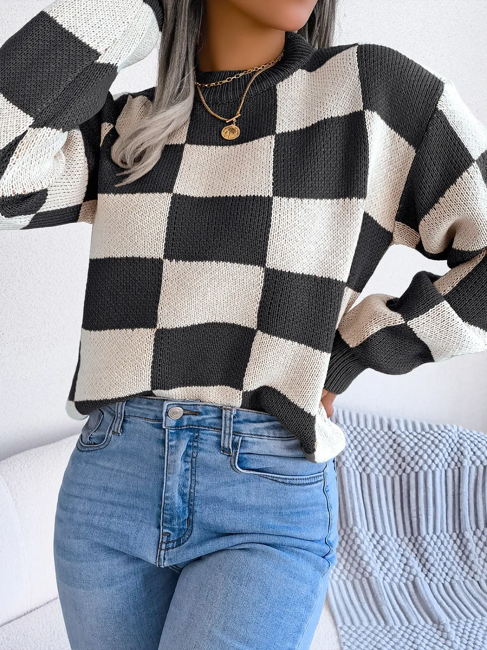 Checkered Mock Neck Long Sleeve Sweater, image 2
