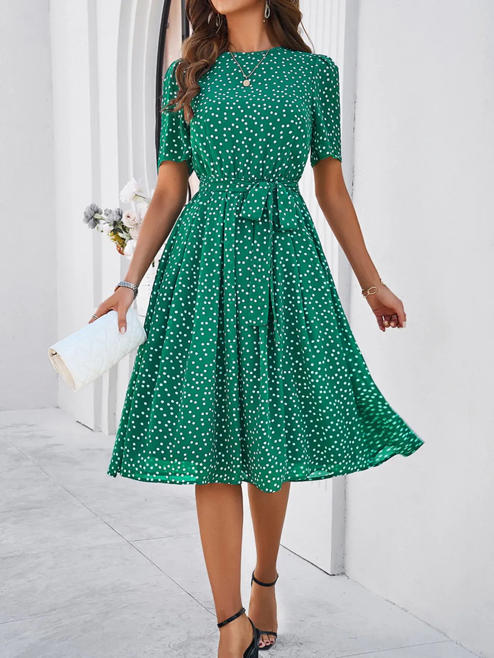 Printed Round Neck Short Sleeve Dress, image 6