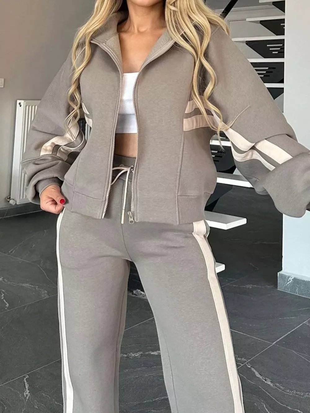 Full Size Contrast Stripe Zip Up Jacket and Pants Set Plus Size, image 14