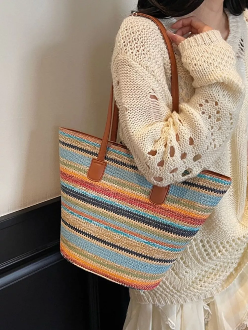 Striped Woven Shoulder Bag, image 5