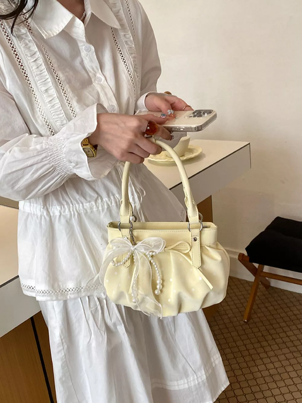 Ruched PU Leather Handbag, image 3