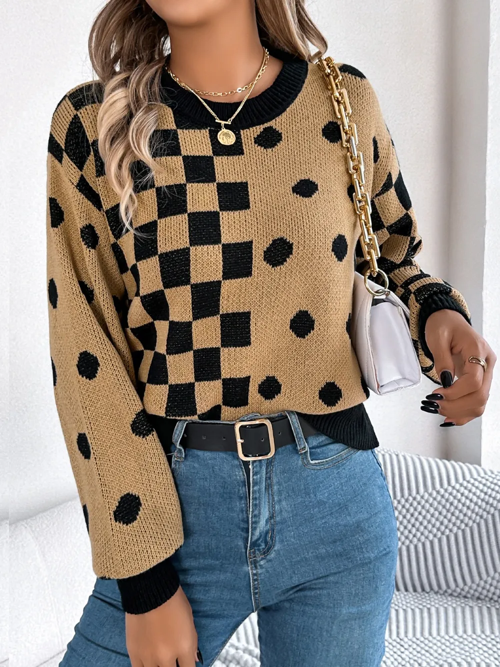 Plaid Round Neck Long Sleeve Sweater, image 16