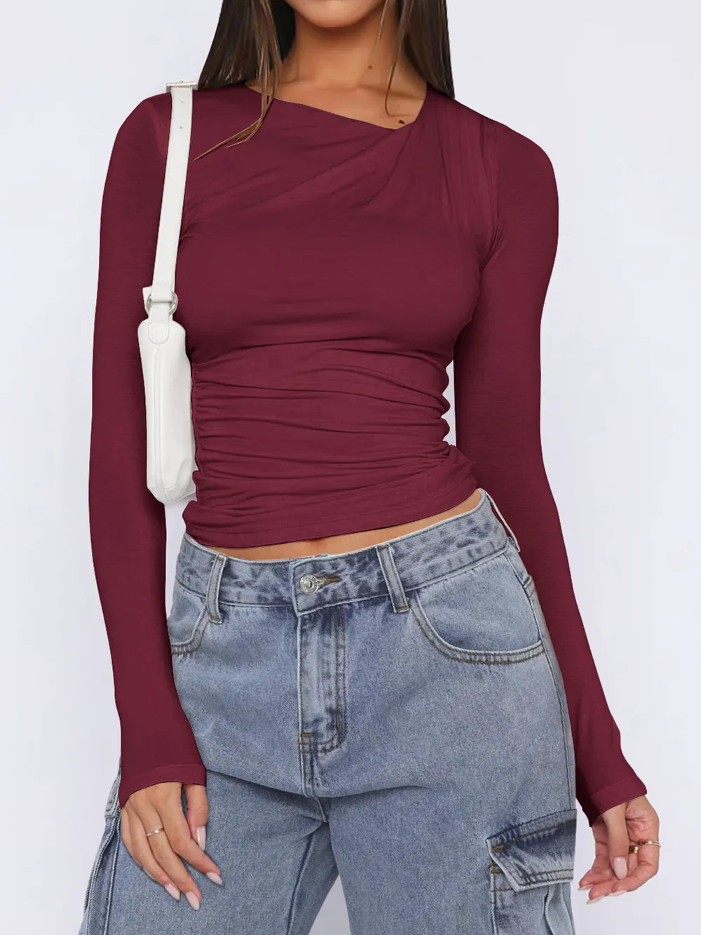 Ruched Asymmetrical Neck Long Sleeve T-Shirt, image 6
