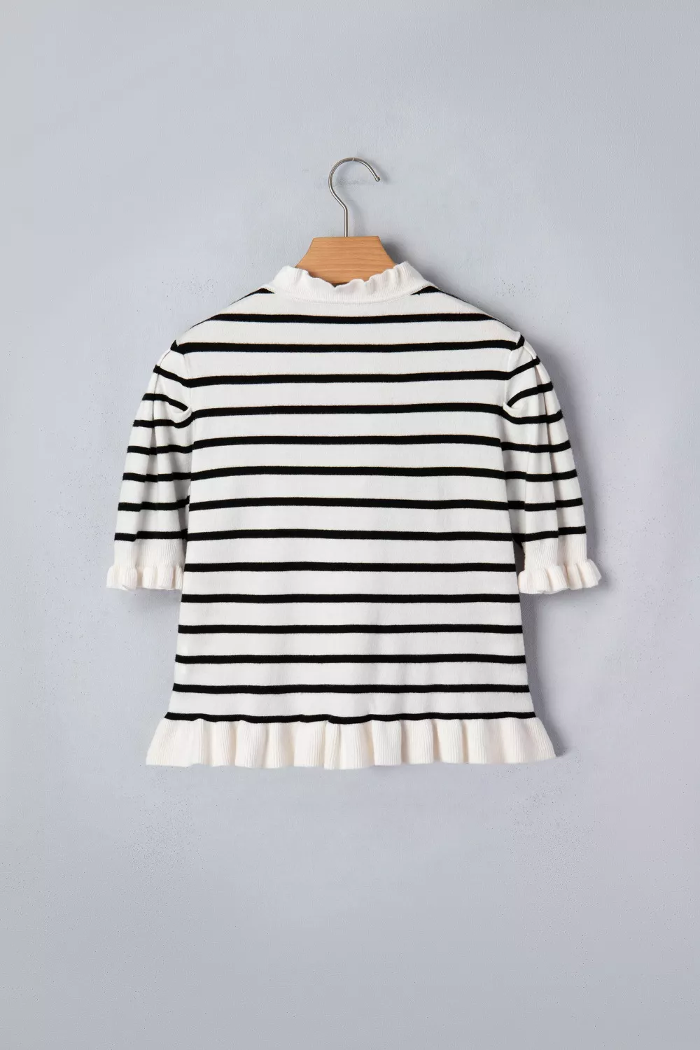 Stripe Ruffle Trim Button Down Knit Short Sleeve Sweater Cardigan, image 4