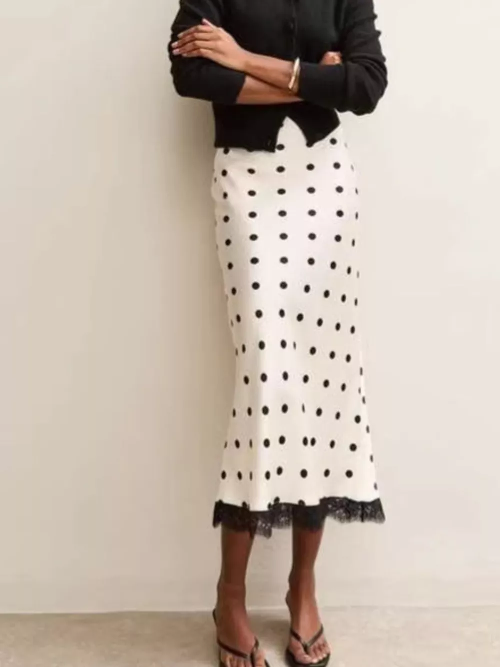 Polka Dot Midi Skirt with Lace Trim, image 4