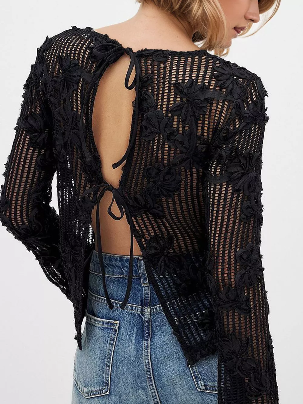 Openwork Tied Back Long Sleeve Blouse, image 3