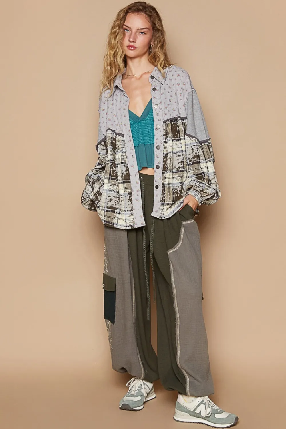 Balloon Sleeve Floral Color Block Plaid Shirt, image 5
