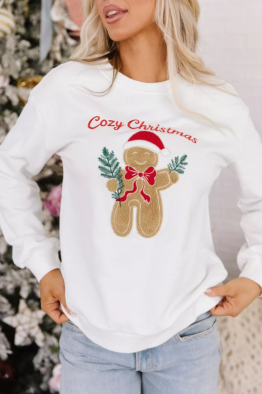 Embroidered Gingerbread Cozy Christmas Long Sleeve Round Neck Sweatshirt