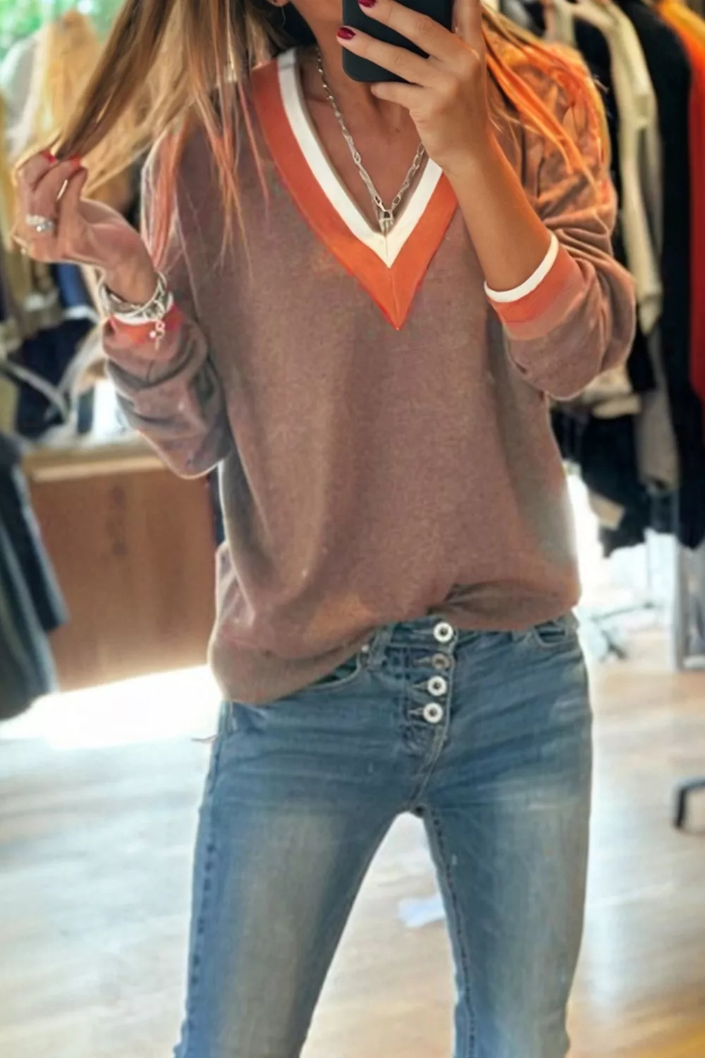Contrast Trim V-Neck Sweater, image 5