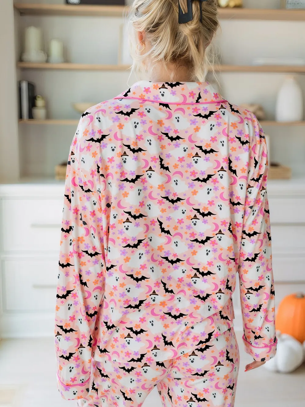 Halloween Ghost Print Button Up Top and Pants Lounge Set, image 2