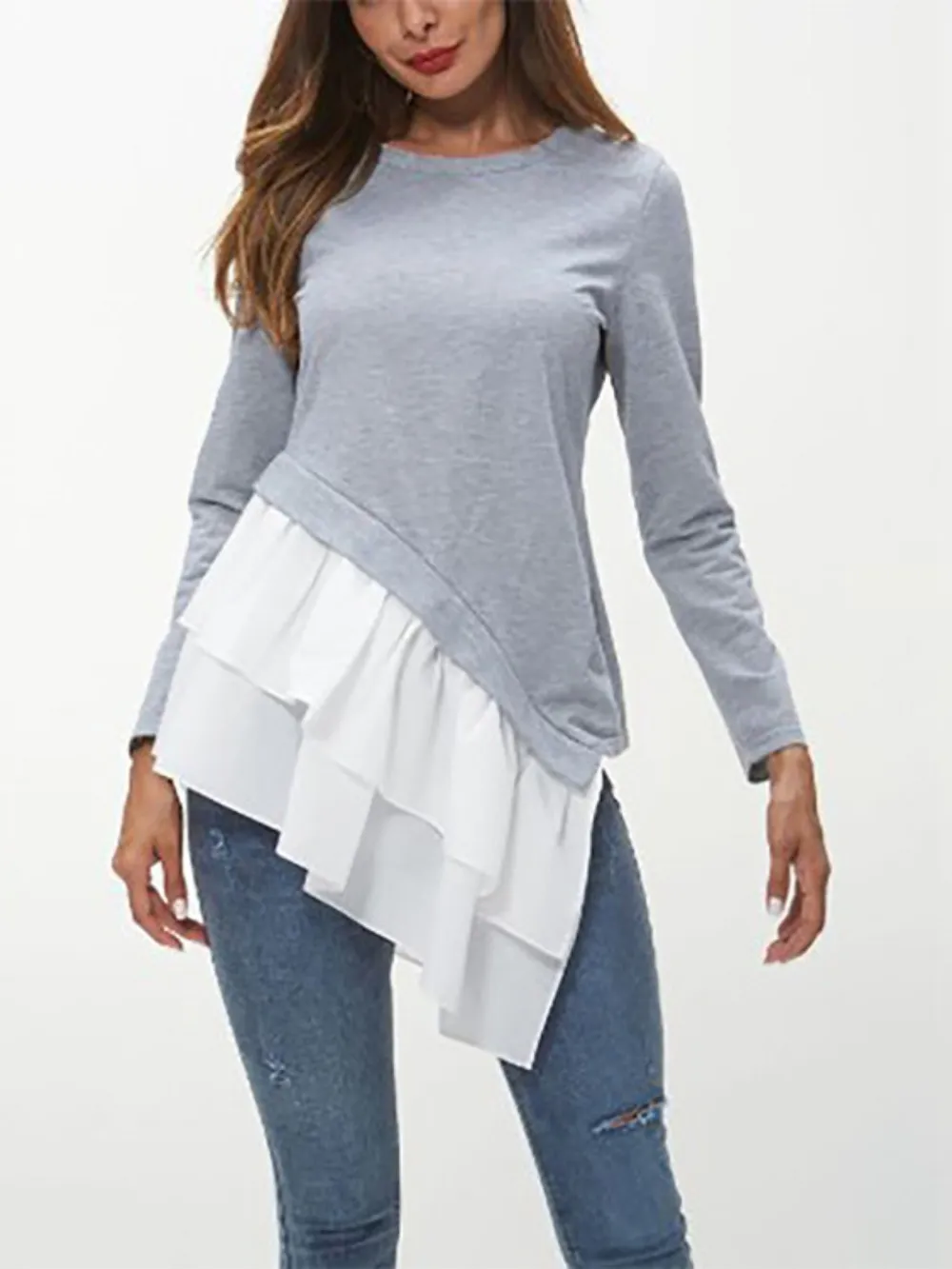 Tiered Contrast Round Neck Long Sleeve T-Shirt, image 4