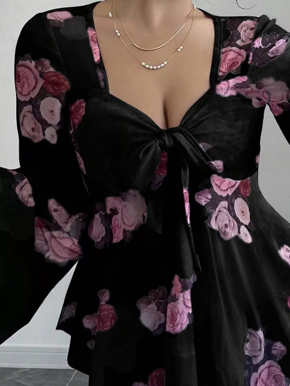 Floral Print Tie Front Flare Sleeve Blouse, image 10