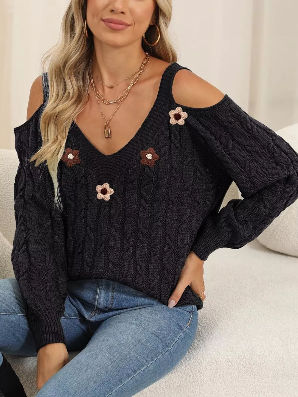 Floral Applique Cold Shoulder Cable Knit Sweater, image 3