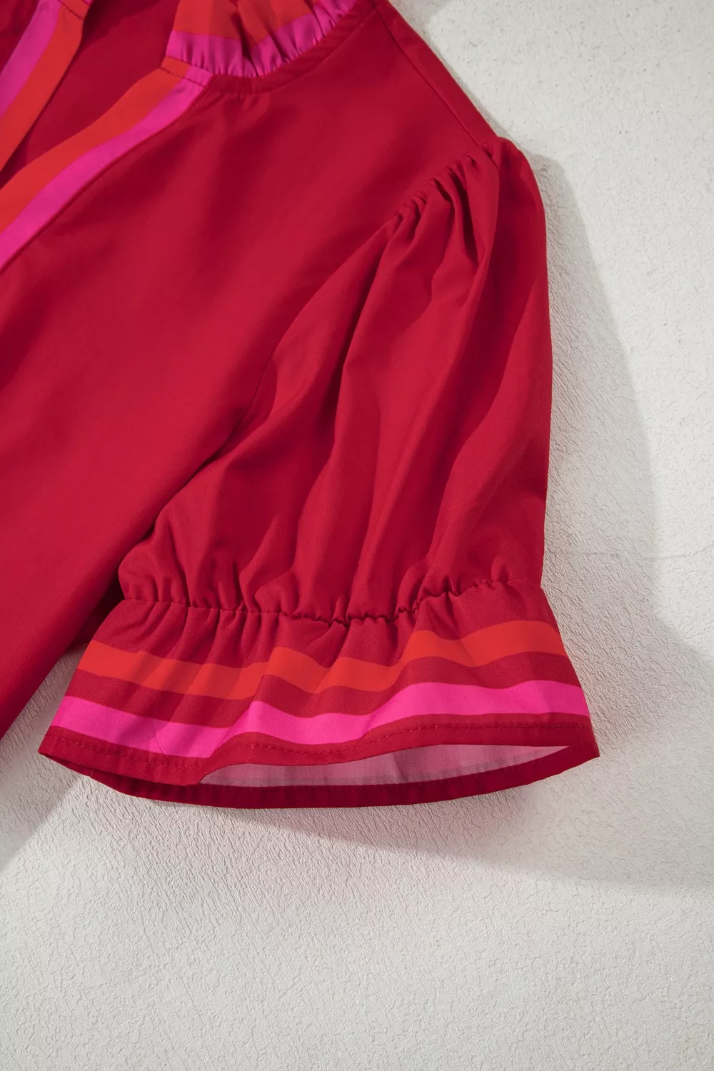 Ruffled Sleeve Notched Blouse with Striped Detail, image 10