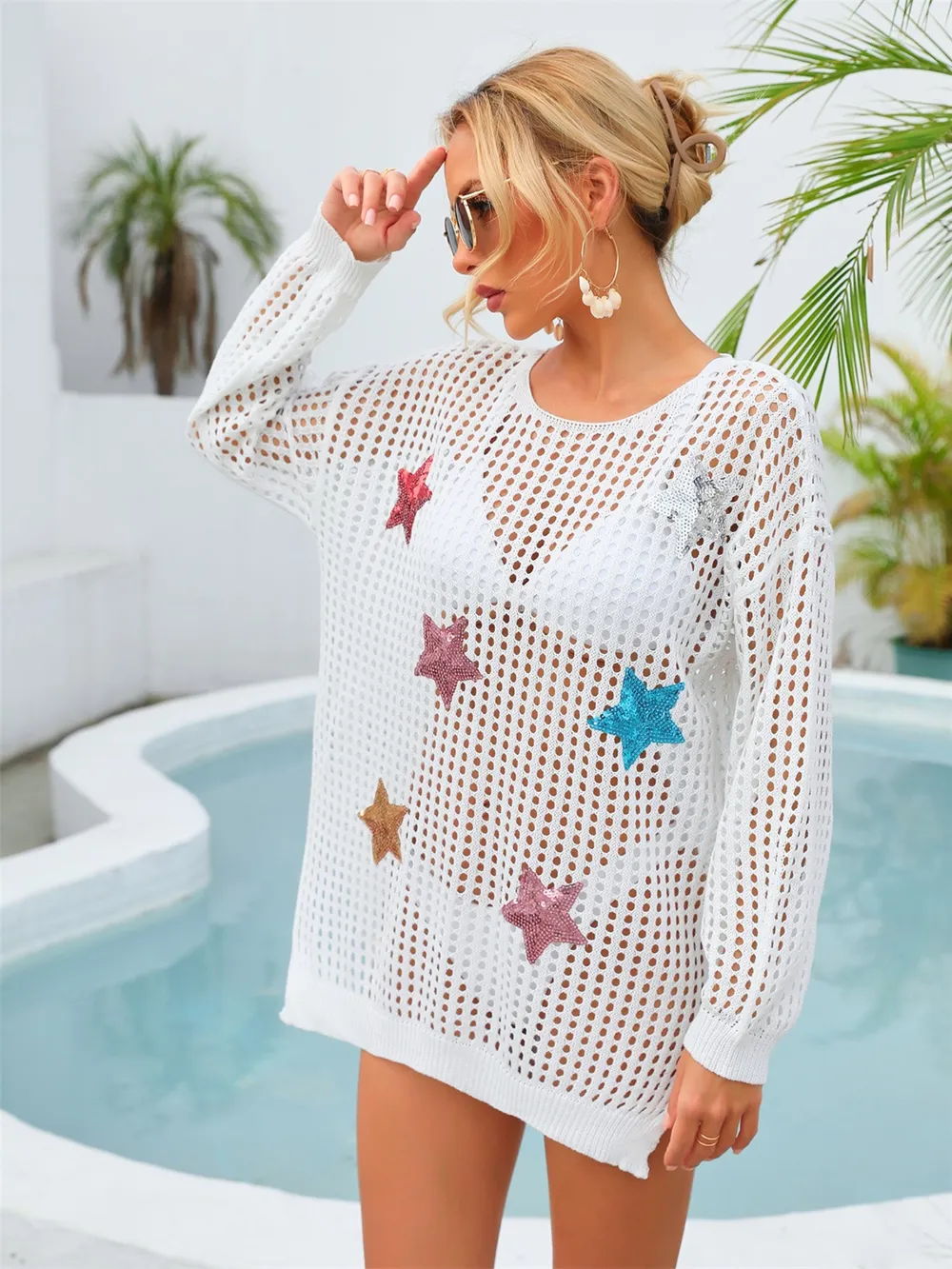 Sequin Star Round Neck Long Sleeve Cover Up, image 8