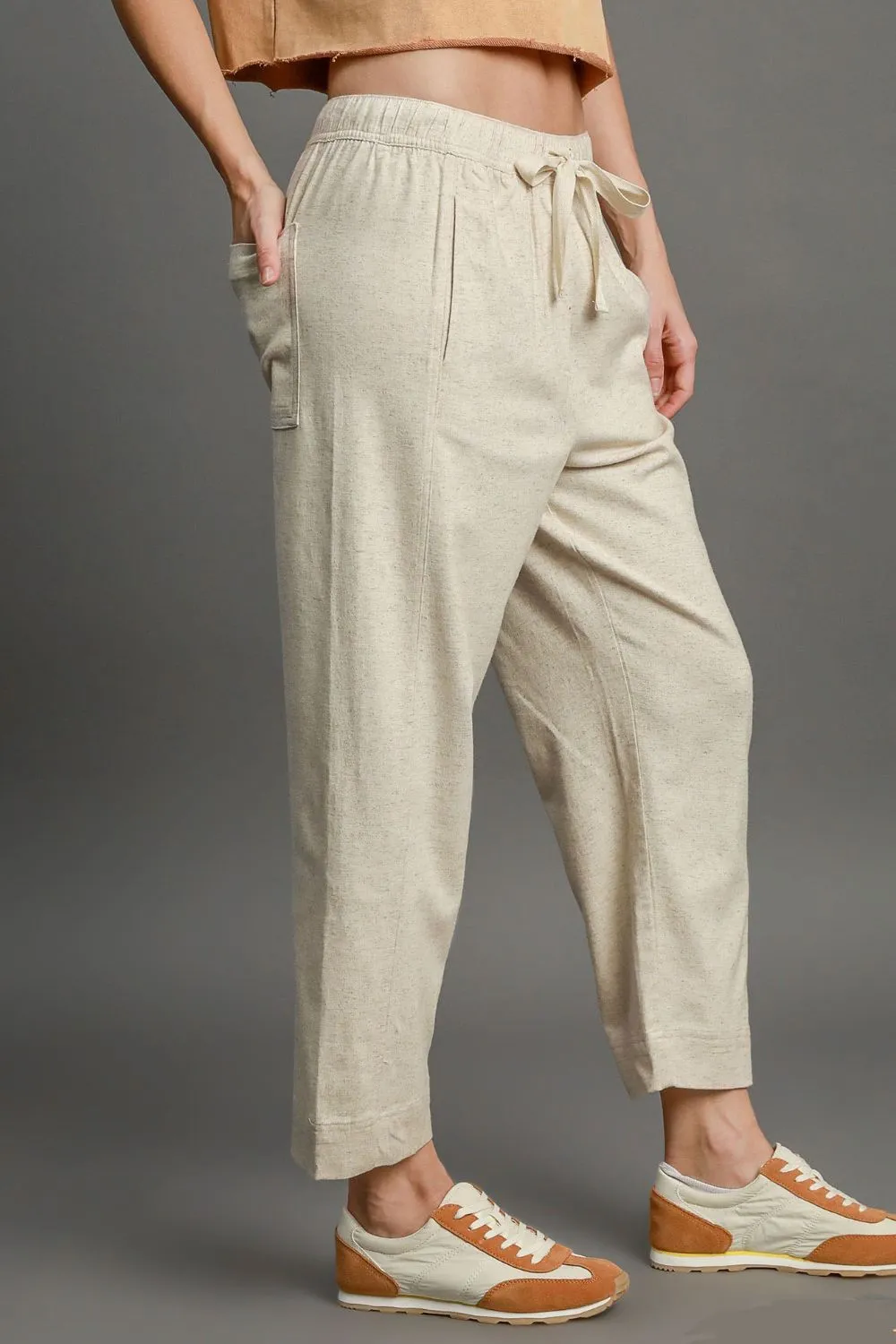 Full Size Drawstring Elastic Waistband Linen Blend Pants Plus Size, image 4
