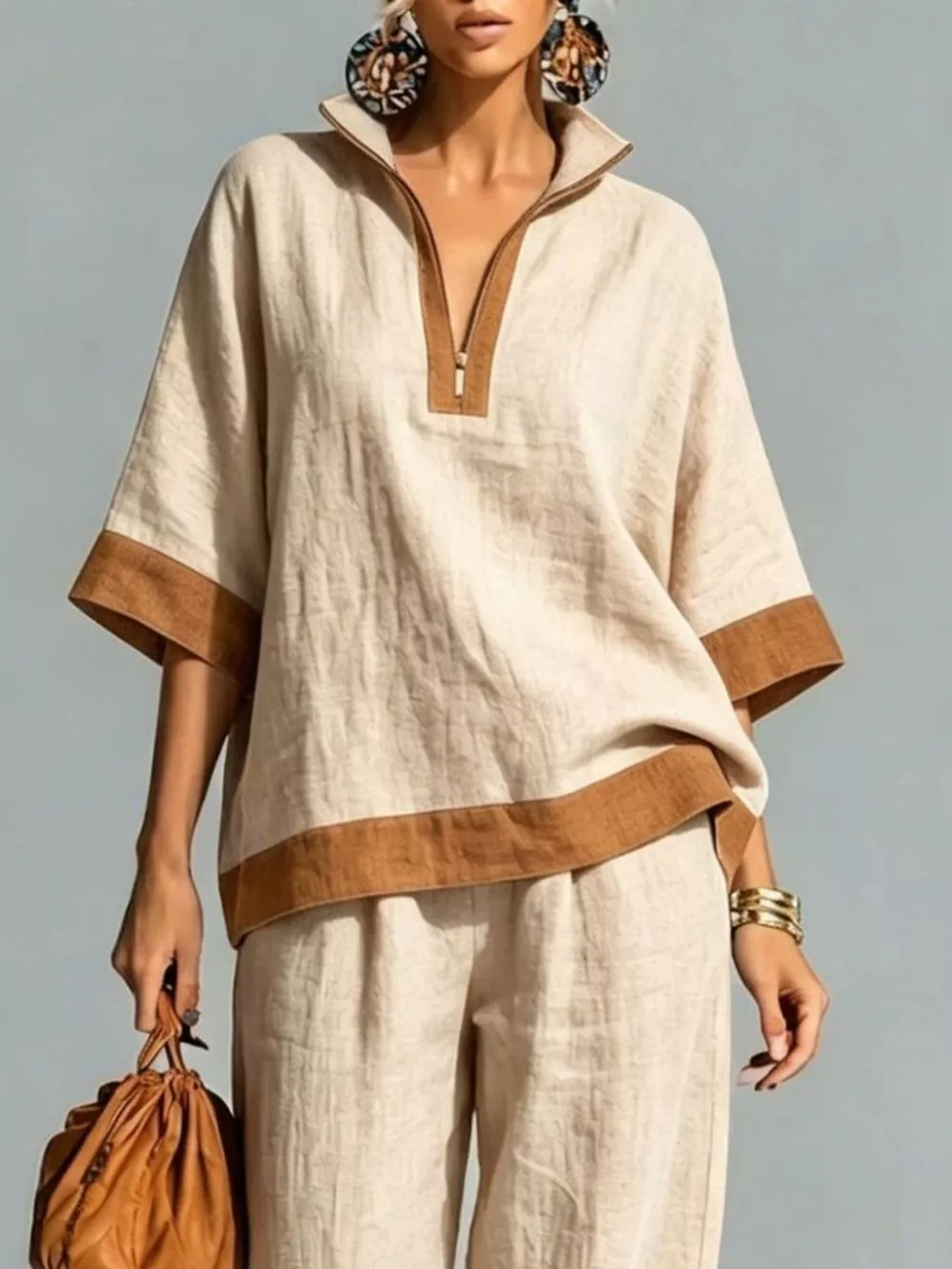 Full Size Contrast Trim Top and Wide Leg Pants Set Plus Size, image 2