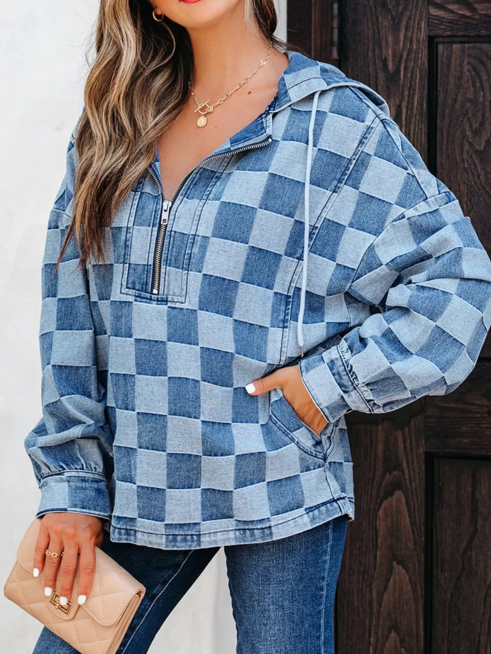 Checkered Half Zip Denim Hoodie Top, image 9