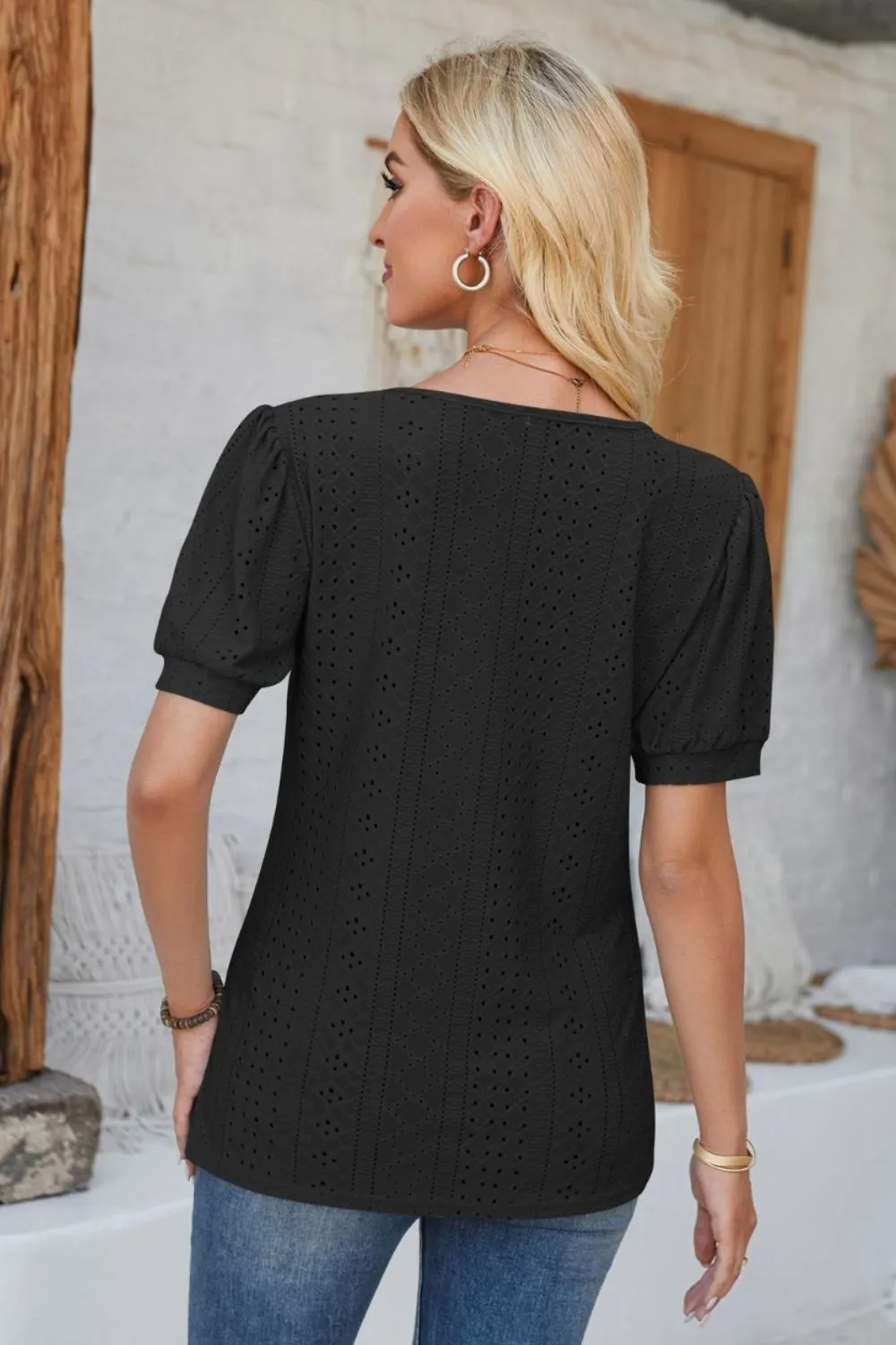 Eyelet Round Neck Short Sleeve Blouse, image 2
