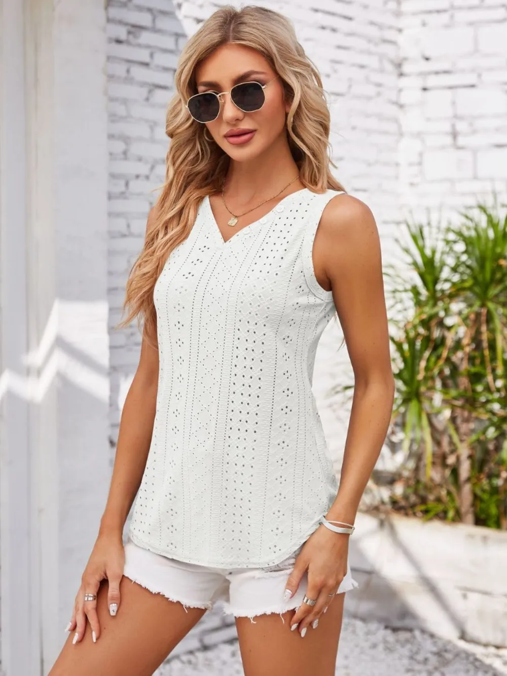 Eyelet Decorative Button V-Neck Tank, image 6