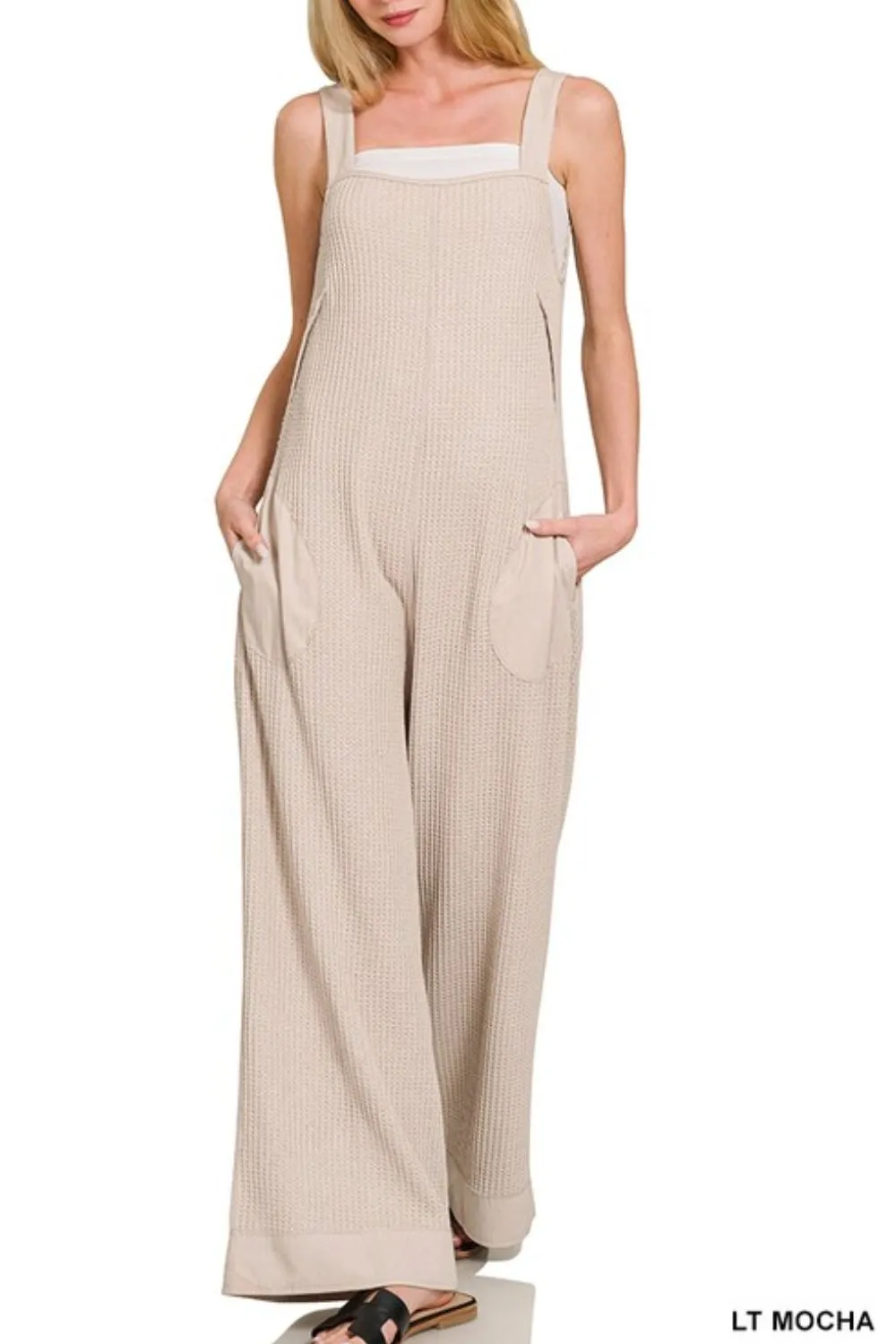 Knit Waffle Wide Leg Overalls, image 2