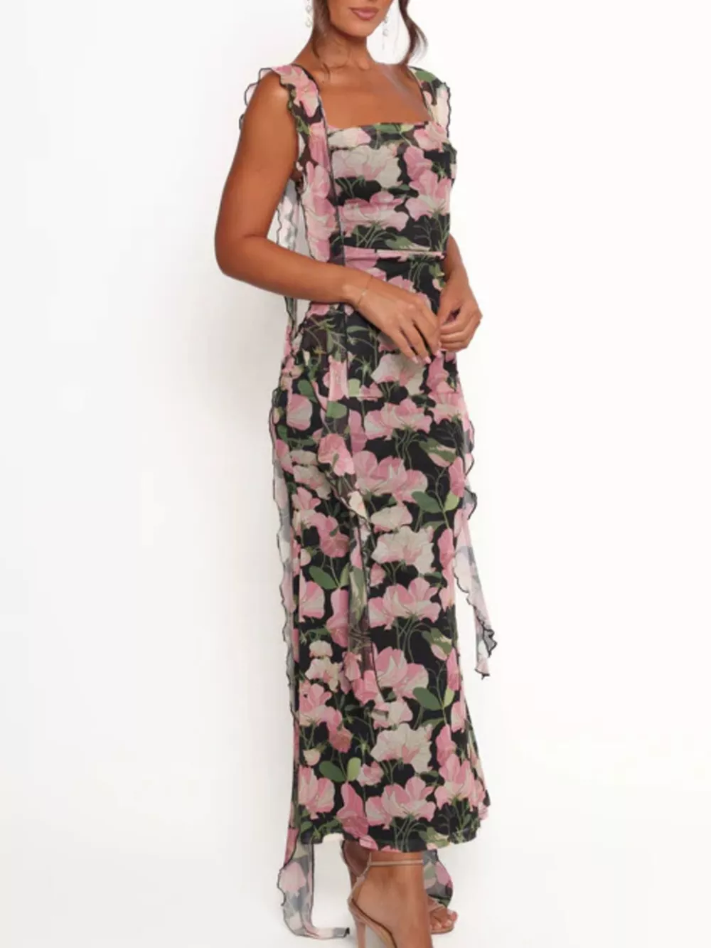 Floral Print Ruffle Trim Bodycon Maxi Dress, image 12