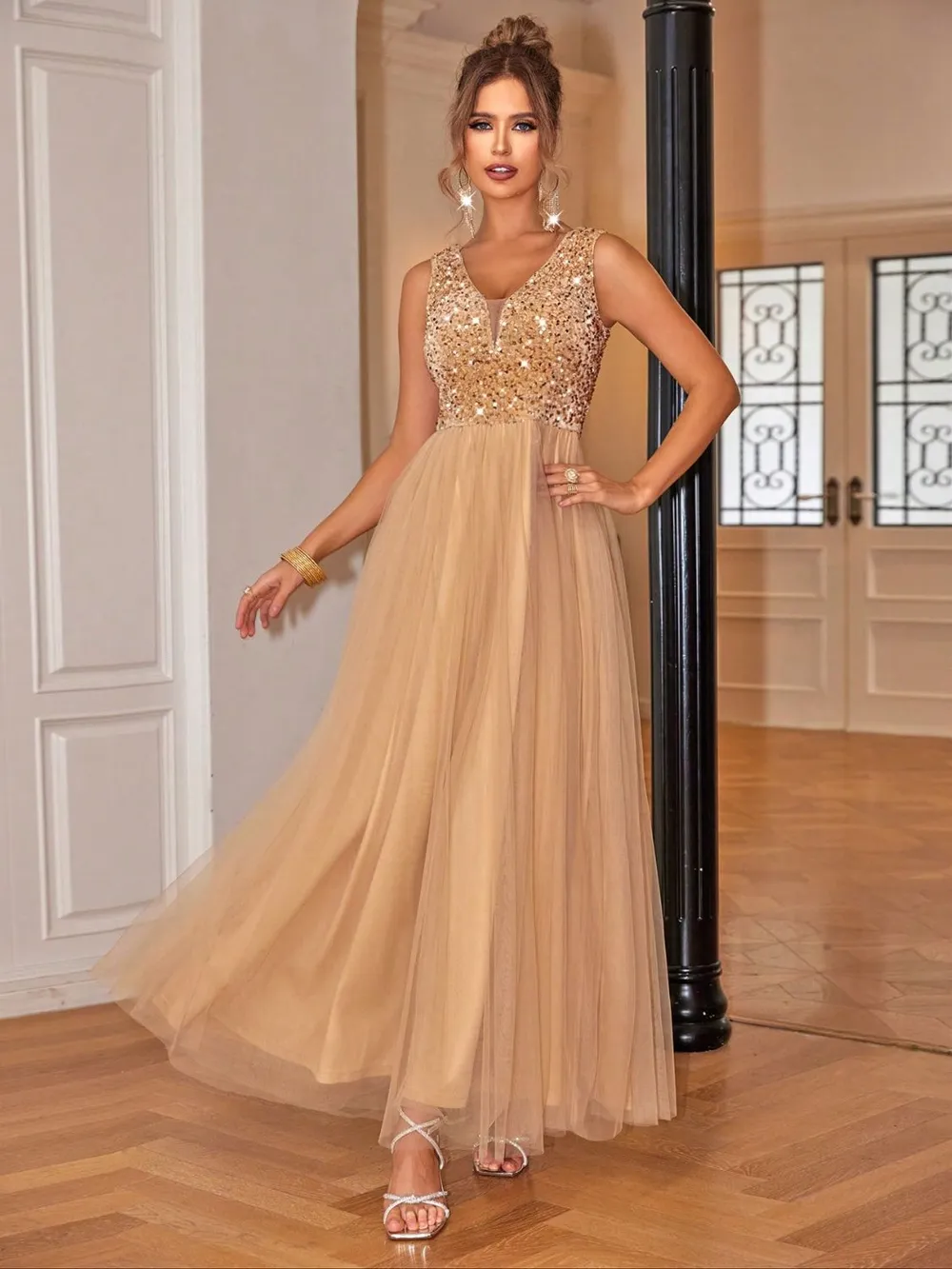 Sequin V-Neck Sleeveless Dress, image 6