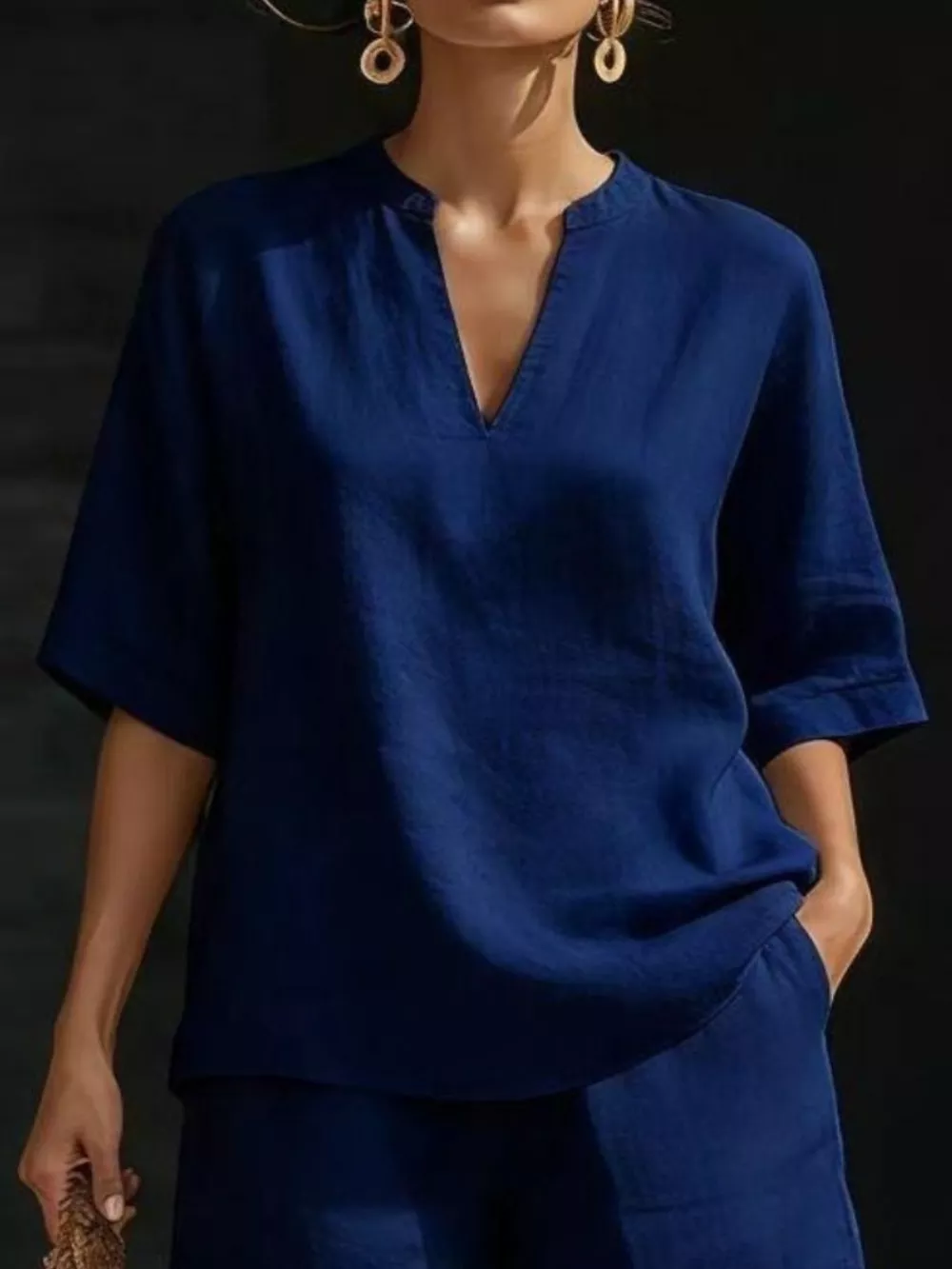 Full Size Notched Half Sleeve Top and Shorts Set Plus Size, image 8