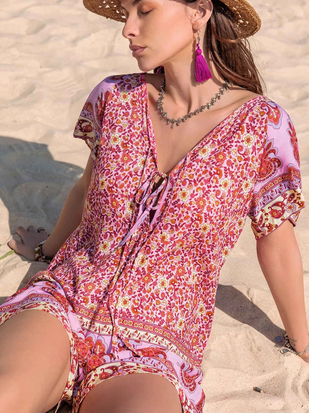 Printed V-Neck Short Sleeve Romper, image 7