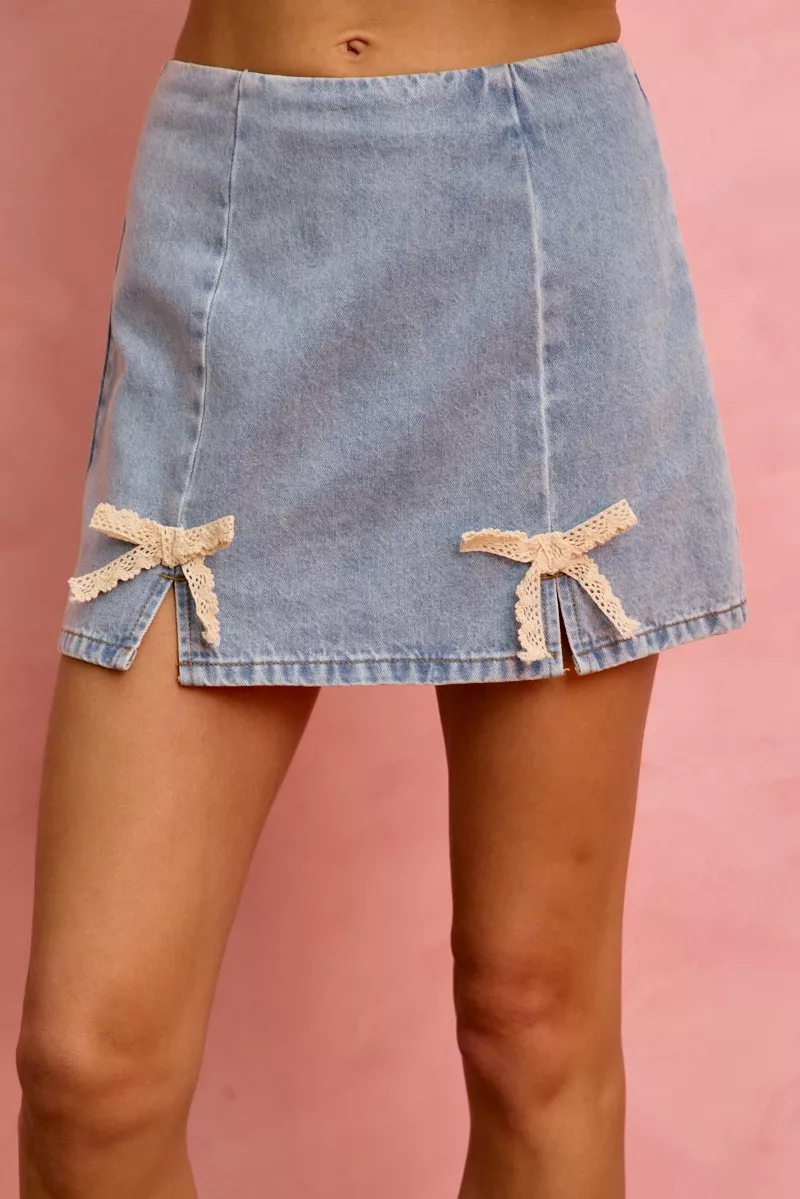 Lace Ribbon Trim Denim Mini Skirt, image 2
